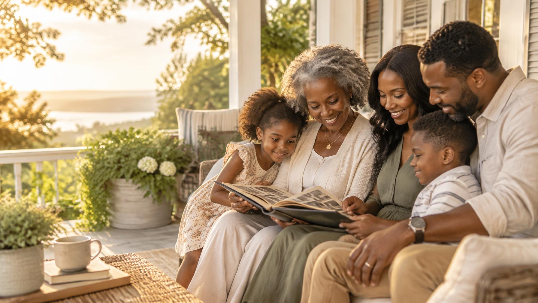 A family looking through a photo album together