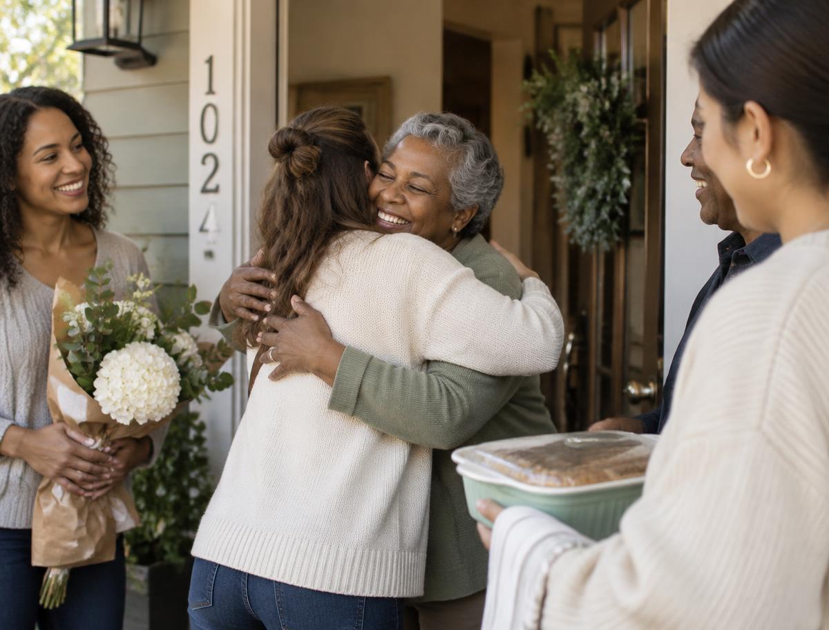 Friends bringing a meal and flowers to a neighbor